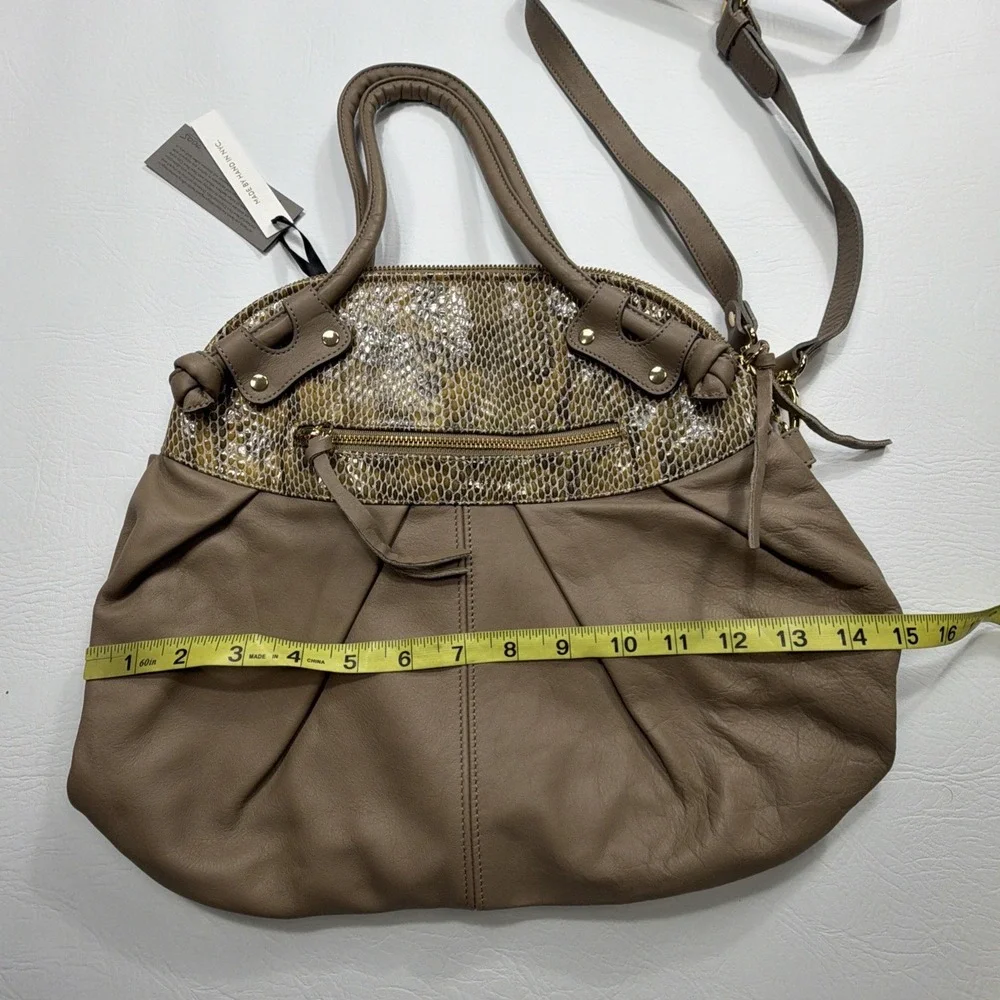 New! Pietro NYC Convertible Satchel Handbag Taupe Leather Snakeskin Embossed USA